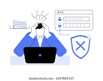 Wrong password abstract concept vector illustration. Confused man forget password from laptop, access blocked, cybersecurity industry, IT technology, lost security key abstract metaphor.