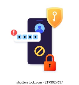 Wrong password concept. Access denied. Personal data protection on the internet. Warning message on the smartphone. Incorrect data entering. Trying to enter to private account vector illustration.