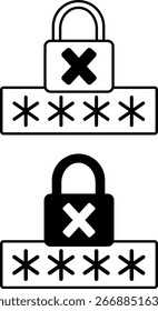 Iconos de Contraseña incorrectos. Ilustraciones vectoriales blancas y negras. Candado con Cruz y Código de Acceso. El usuario introdujo una Contraseña o código PIN incorrectos. Concepto de Contraseña y seguridad de datos