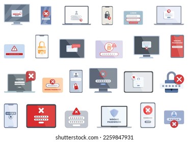 Wrong password icons set cartoon vector. Key lock. Login security