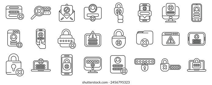 Wrong password icons set outline vector. Lock key forget. Work data shield