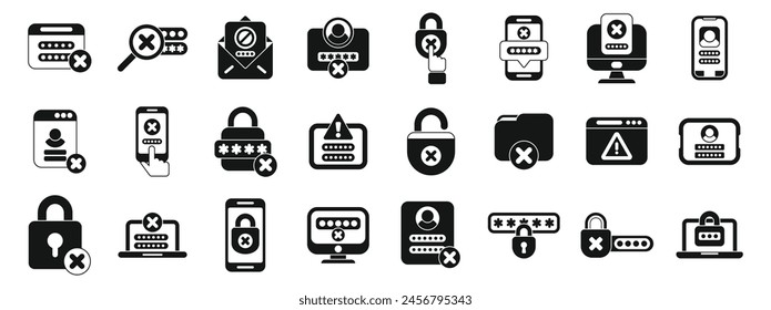 Wrong password icons set simple vector. Lock key forget. Work data shield