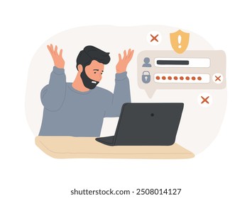 Wrong password isolated cartoon vector illustrations. Confused man forget password from laptop, access blocked, cybersecurity industry, IT technology, lost security key vector cartoon.