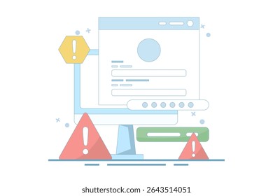 wrong password and username. can't access account. wrong password. forgot password and username. technology and issues. wrong data. flat design illustration in the background.