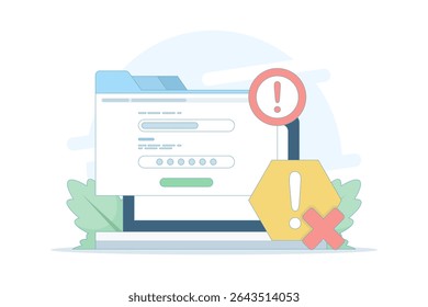 wrong password and username. can't access account. wrong password. forgot password and username. technology and issues. wrong data. flat design illustration in the background.