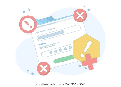 wrong password and username. can't access account. wrong password. forgot password and username. technology and issues. wrong data. flat design illustration in the background.