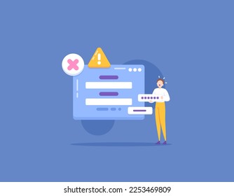 contraseña y nombre de usuario erróneos. Los datos de usuario son incorrectos. no se puede iniciar sesión. un usuario se pone en pánico porque no puede acceder a su cuenta. tecnología y problemas. diseño de concepto de ilustración. elementos vectoriales