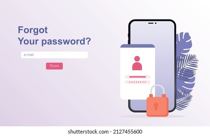 Wrong password. Vector illustration for Web banner. Locked account and cell phone with reset field