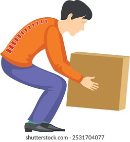 Wrong posture for lifting box. Pain injury danger