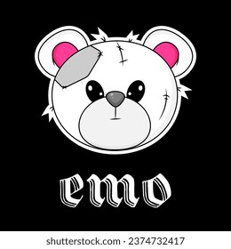 Wrong and Raped Teddy Bear. Inscription Emo. Gothic aesthetic in y2k, 90s, 00s and 2000s style. Emo Goth tattoo sticker on black background. Vector illustration
