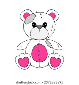 Wrong and Raped Teddy Bear toy. ripped open belly and sewn up with threads. Gothic aesthetic in y2k, 90s, 00s and 2000s style. Emo Goth tattoo sticker black white pink colors. Vector illustration