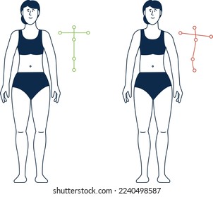 Wrong and right body posture. Woman spine aligment