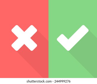 Wrong and right check mark flat icons with long shadow