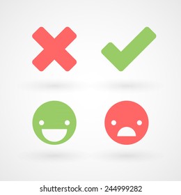 Wrong and right check mark icons. Happy and unhappy smileys