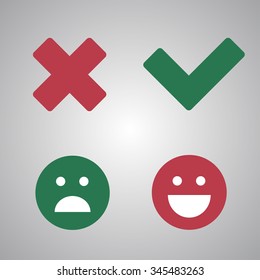 Wrong and right check mark icons. Happy and unhappy smileys