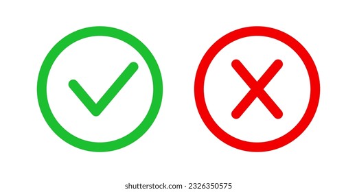 Wrong and right checkmark. Hand draw letter icon check mark in round frame yes and x. Red and green color sign isolated on white background. Tick box. Ok or cross. Done choice. Vector illustration