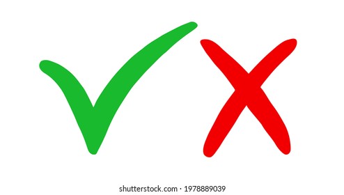 Wrong and right. Icon check mark yes and x. Red and green color sign isolated on white background. Wrong or right checkmark. Symbol correct and false. Tick box. Ok or cross. Done choice. Vector