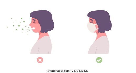 Wrong and right instruction of sick woman cough without protective face mask and wearing mask to prevent virus spreading. Concept of health care, prevention, sickness, fever, influenza. Flat vector.