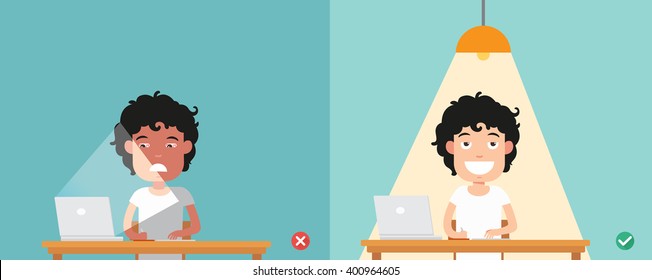 wrong and right for proper lighting in the room illustration, vector