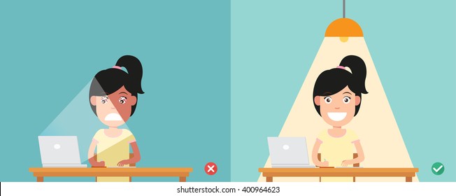 wrong and right for proper lighting in the room illustration, vector