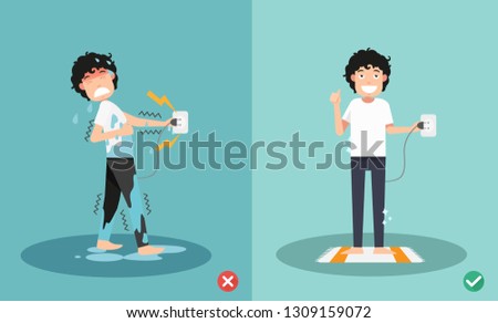 wrong and right for safety electric shock risk. vector illustration.