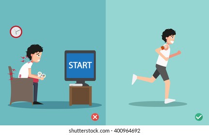 wrong and right for stop playing video games ''Too Long''  illustration,vector