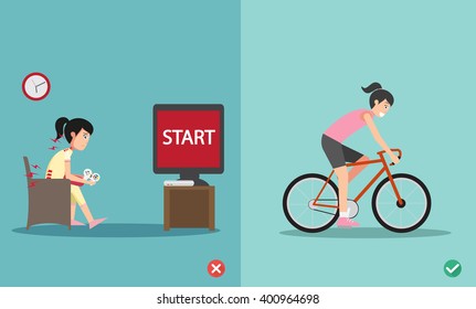 wrong and right for stop playing video games ''Too Long''  illustration,vector