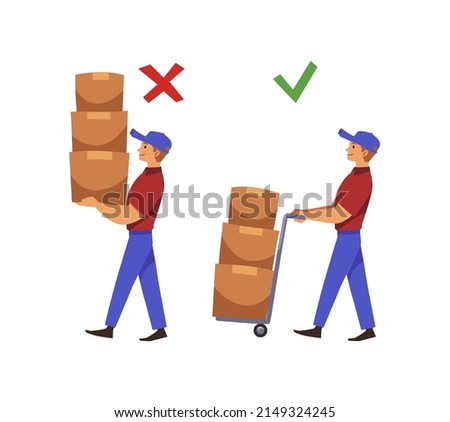 Wrong and right way of carrying weights and transport of heavy loads, flat vector illustration isolated on white background. Loads manual handling concept.