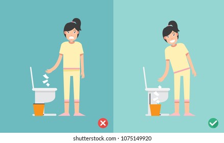 Wrong And Right Way Do Not Put Tissue Paper Sheet Into The Toilet Bowl Illustration Vector