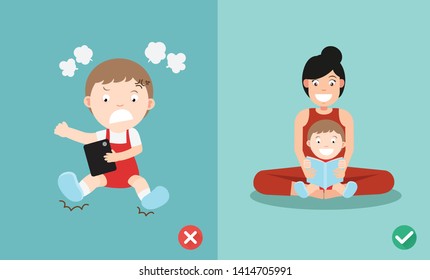 wrong and right way for kids stop using smartphone illustration vector