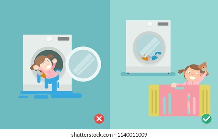 wrong and right way,do not play in the washing machine.illustration vector