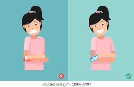 wrong and right ways first aid of using cold packs for injury,vector illustration