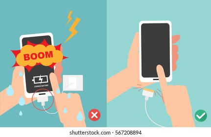 Wrong and right ways.Do not play smart phone in charging battery with wet hands vector illustration.