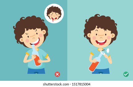 wrong and right ways for open the bottle with his teeth illustration , vector