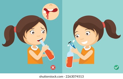 wrong and right ways for open the bottle with his teeth illustration , vector