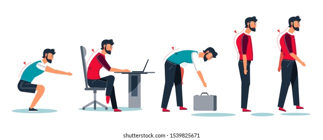 Wrong sitting at desk, incorrect posture and office worker with scoliosis, isolated characters vector. Man using computer, doing sit-ups and walking. Male character with hump, fitness and job