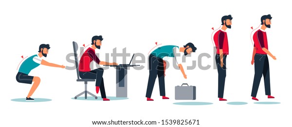 Wrong sitting at desk, incorrect posture and office\
worker with scoliosis, isolated characters vector. Man using\
computer, doing sit-ups and walking. Male character with hump,\
fitness and job