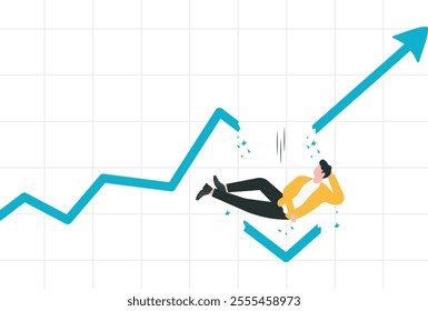 Wrong speculation, missing opportunity to make profit from investment, mistake in stock market analysis concept, Reckless businessman falling down from graph while sleeping.
