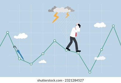 Wrong speculation in stock market, financial loss from incorrect forecasting, investment volatility concept, Businessman getting wet in rain while standing on stock graph without umbrella.