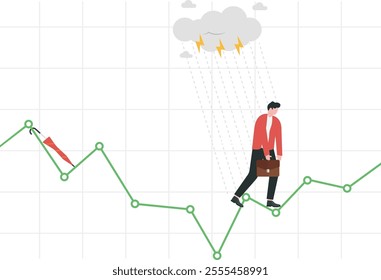 Wrong speculation in stock market, financial loss from incorrect forecasting, investment volatility concept, Businessman getting wet in rain while standing on stock graph without umbrella.
