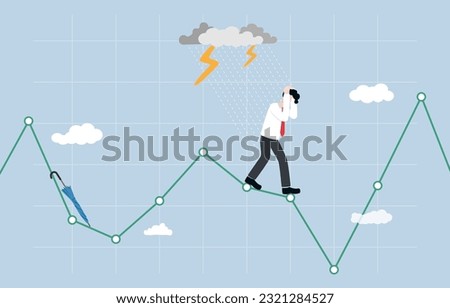 Wrong speculation in stock market, financial loss from incorrect forecasting, investment volatility concept, Businessman getting wet in rain while standing on stock graph without umbrella.