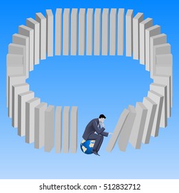 Wrong strategy business concept. Pensive businessman sitting on top of earth and pushing domino without noticing that last domino will fall on him. Predictability problem, chain of consequences.