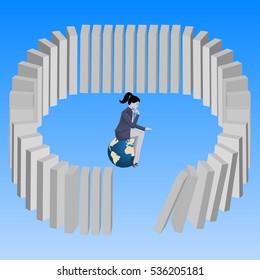 Wrong strategy concept. Pensive business woman sitting on top of earth and pushing domino without noticing that last domino will fall on her. Predictability problem, chain of consequences.