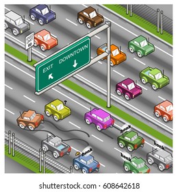 Wrong Way Driver On Highway (isometric View)