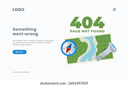 Wrong webpage layout 404 error page not found message template background screen for websites under construction. With map, compass and flashlight search illustration. Isolated