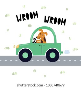 Wroom wroom print with cute dog driving the blue car. Funny background in cartoon style for kids. Little adventure with animal on the road for nursery design. Vector illustration