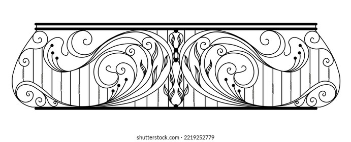 wrought iron balcony. Black metal railing with forged ornaments on a white background. entrance to the terrace decorated with steel vector. Antique vintage object of architecture, facade black victori