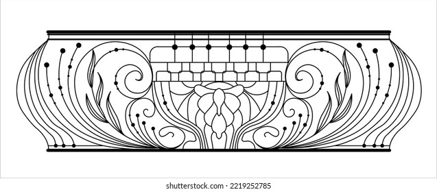 wrought iron balcony. Black metal railing with forged ornaments on a white background. entrance to the terrace decorated with steel vector. Antique vintage object of architecture, facade black victori