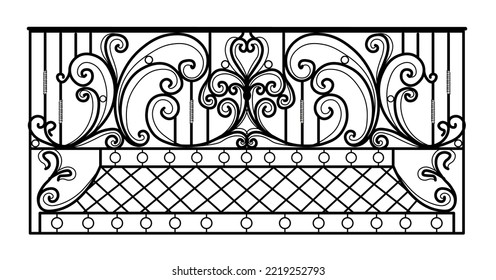wrought iron balcony. Black metal railing with forged ornaments on a white background. entrance to the terrace decorated with steel vector. Antique vintage object of architecture, facade black victori