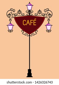Wrought Iron Cafe Signage With Lamp Vector Illustration